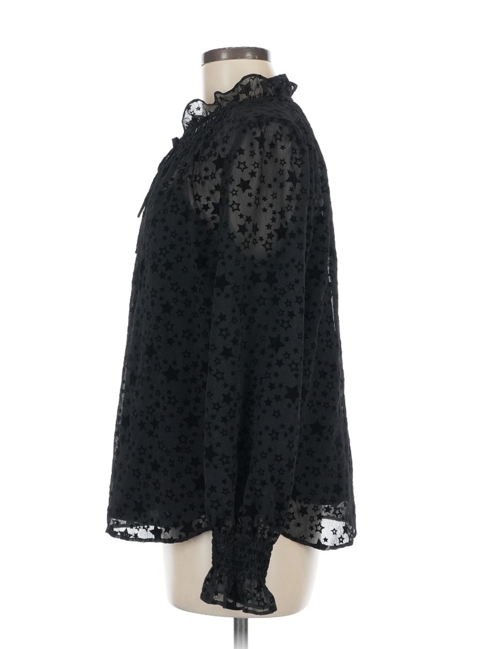 LOFT Black Star-Print Sheer Ruffle Tie-Neck Blouse - Picture 4 of 7